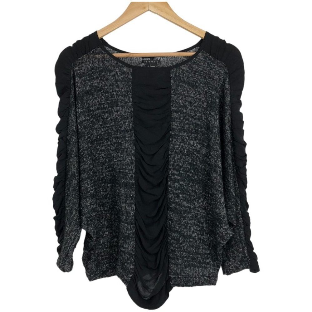 Theory heathered dark grey Doleman sleeve  drape sweater ruched knit SP